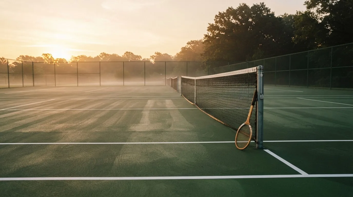 Ein Tennisplatz bei Sonnenaufgang, die Linien frisch gezogen, das Netz in der Mitte und Nebel über dem Boden.