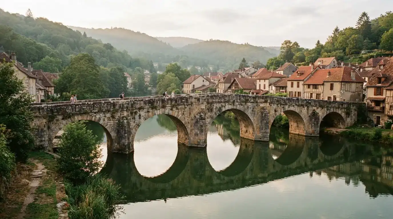 Eine alte Steinbrücke über einen ruhigen Fluss, dahinter Häuser mit Ziegeldächern und bewaldete Hügel.