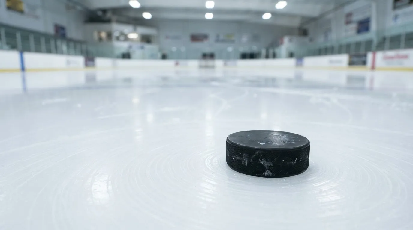 Ein Eishockeypuck liegt auf dem Eis, im Hintergrund unscharf die Bande unter hellem Hallenlicht.