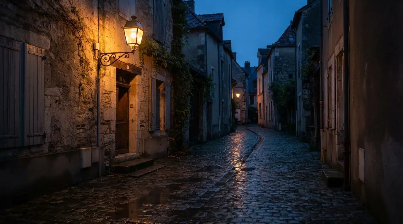 Eine Strassenlaterne in einer leeren Gasse am Abend, das nasse Kopfsteinpflaster spiegelt das warme Licht.