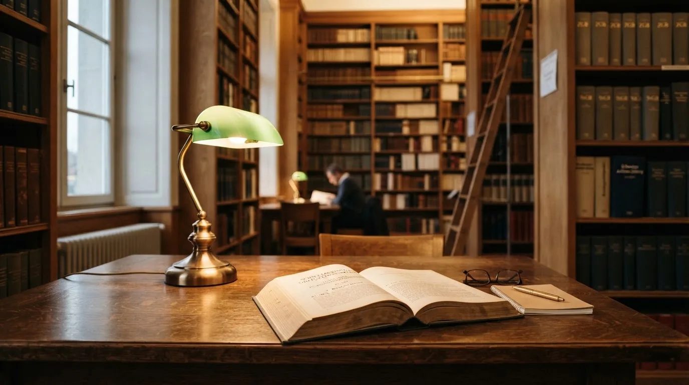 Eine Bibliothek mit hohen Holzregalen voller Bücher, im Vordergrund ein Lesetisch mit grüner Lampe.