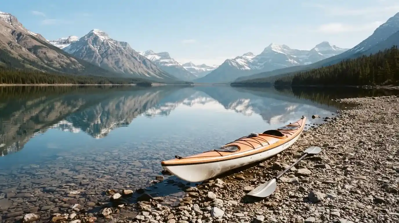 Ein Kajak liegt am Ufer eines Bergsees, daneben ein Paddel, das Wasser ist glatt und der Himmel klar.