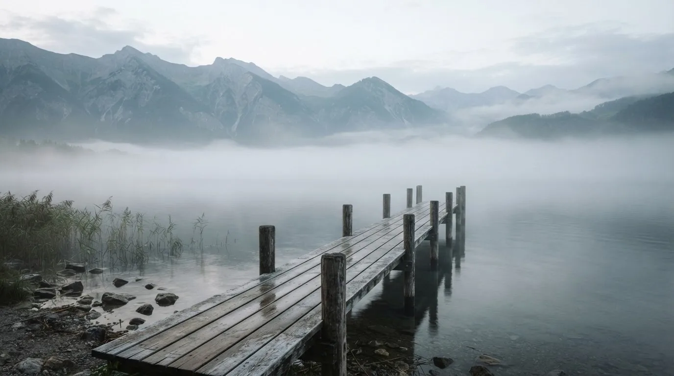 Ein Seeufer mit einem hölzernen Steg, Nebel liegt über dem Wasser, am anderen Ufer erheben sich Berge.