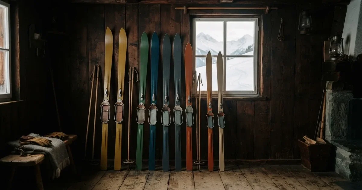 Mehrere Skier und Stöcke lehnen ordentlich in einer Reihe an der Holzwand einer Berghütte, vor dem Fenster liegt Schnee.