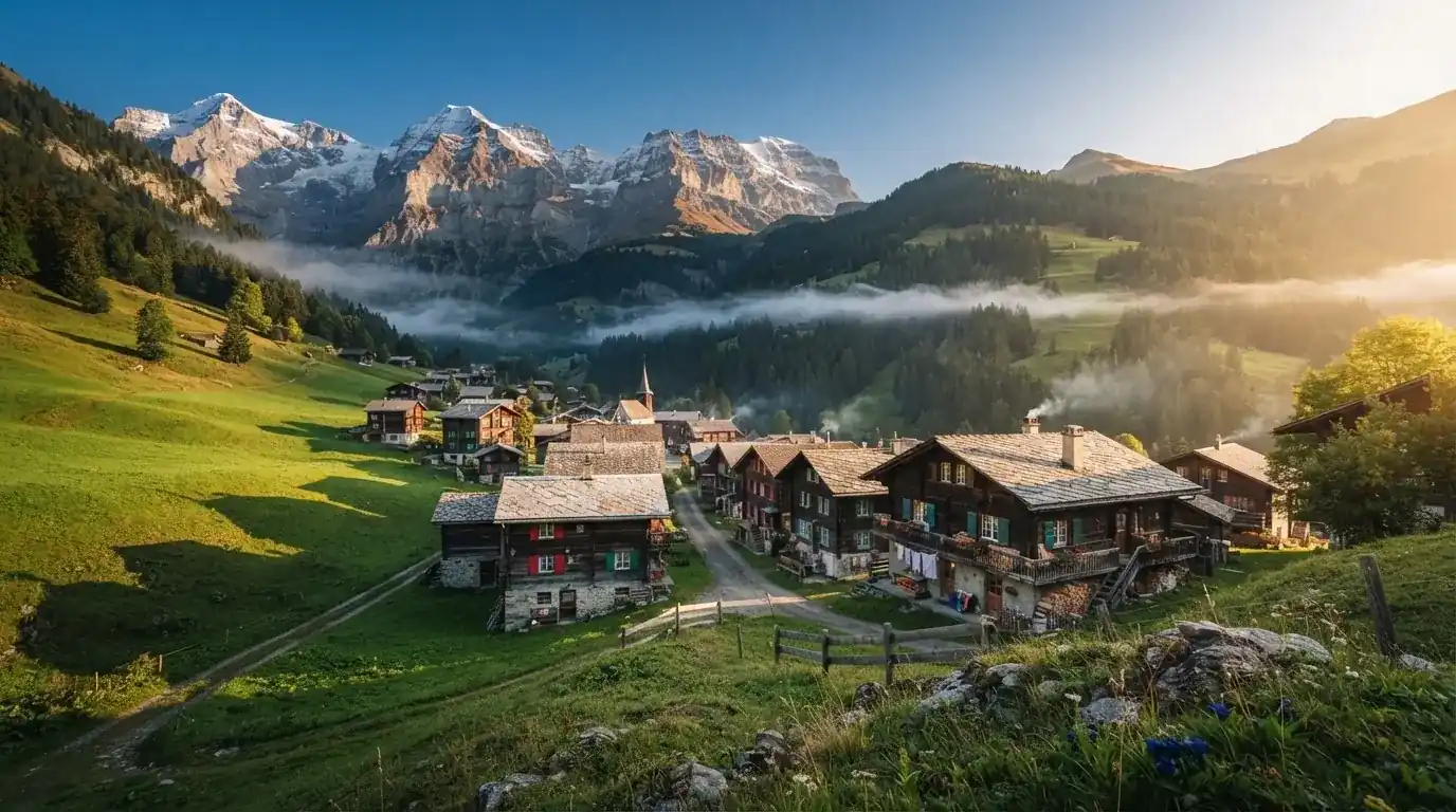 Ein Bergdorf mit Holzhäusern im Tal an einem klaren Morgen, über den Dächern liegen Nebelschwaden und Gipfel in der Ferne.