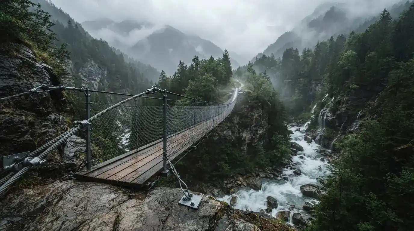 Eine Hängebrücke spannt sich über eine tiefe Schlucht, unten rauscht ein Fluss zwischen bewaldeten Felswänden.