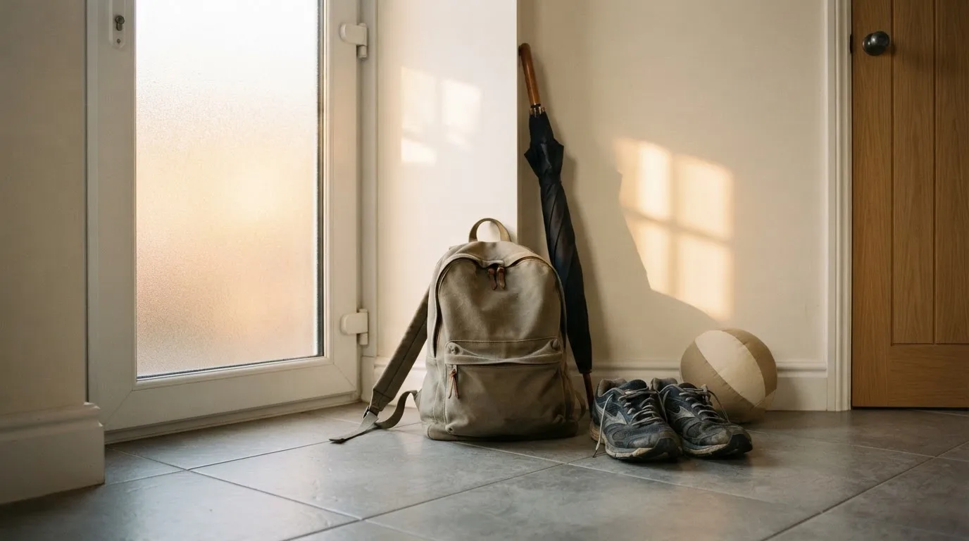 Ein Rucksack und Turnschuhe stehen an einer Haustür, daneben ein Regenschirm, durch das Glas fällt Morgenlicht.