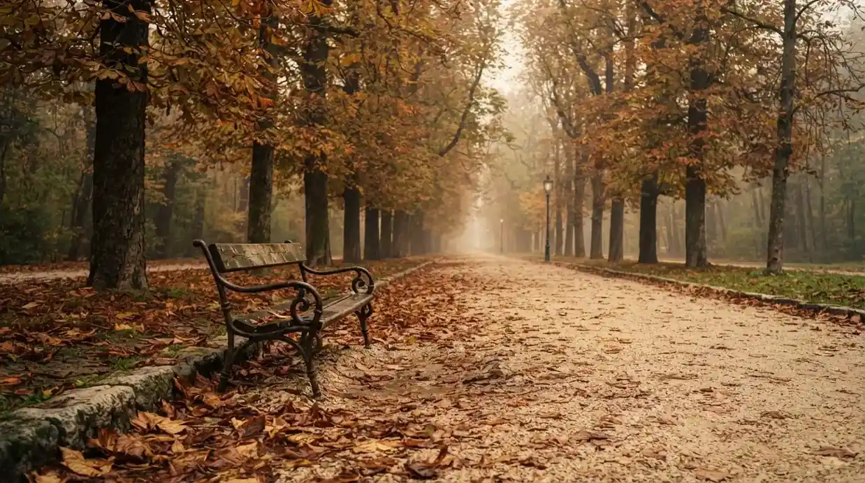 Eine Parkallee mit Kastanienbäumen und einer leeren Bank, Herbstlaub bedeckt den Kiesweg.