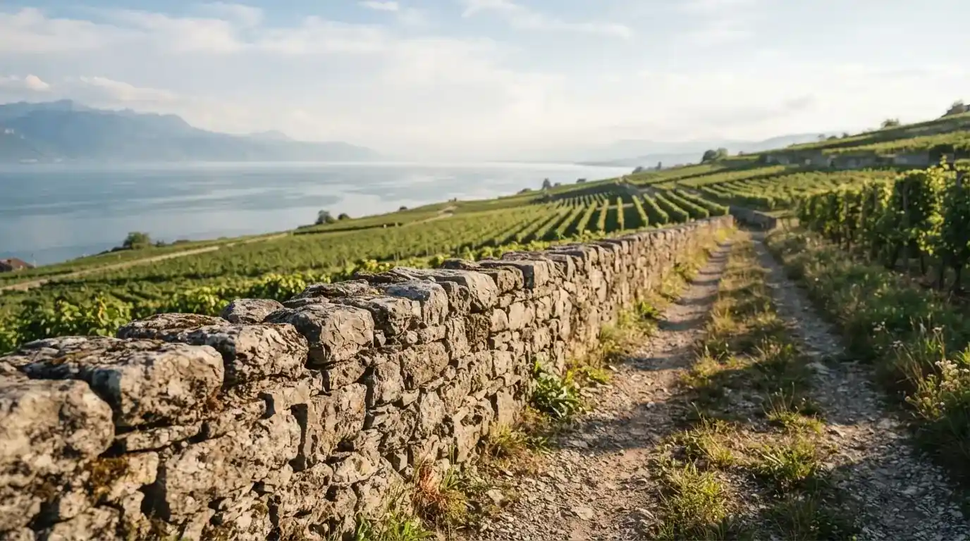 Eine Mauer aus Natursteinen am Wegrand, dahinter Weinberge, die zu einem See hinabführen.