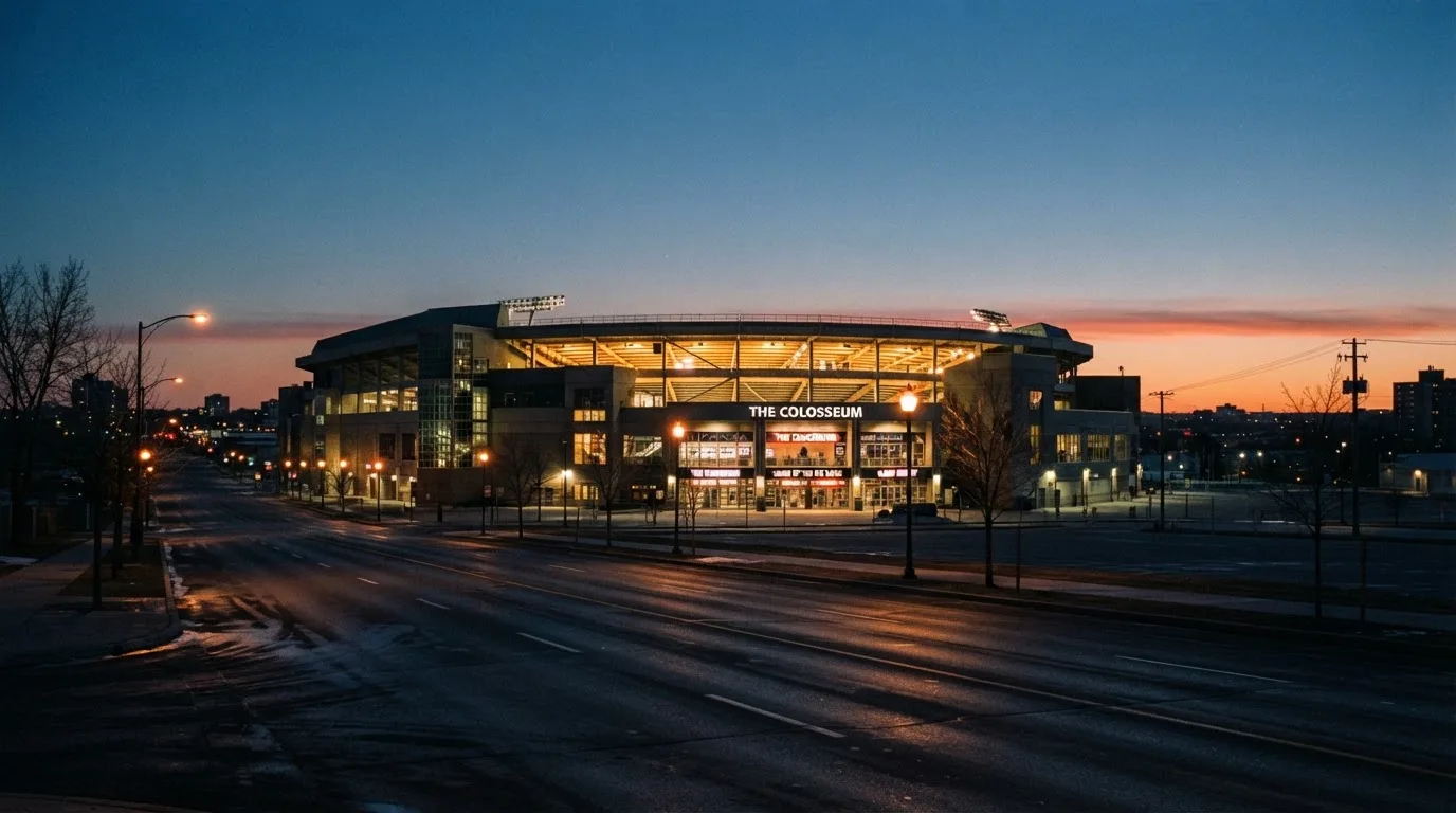 Ein grosses Eisstadion aus der Ferne gesehen, hell erleuchtet von Flutlicht in der Abenddämmerung, davor eine leere Strasse.