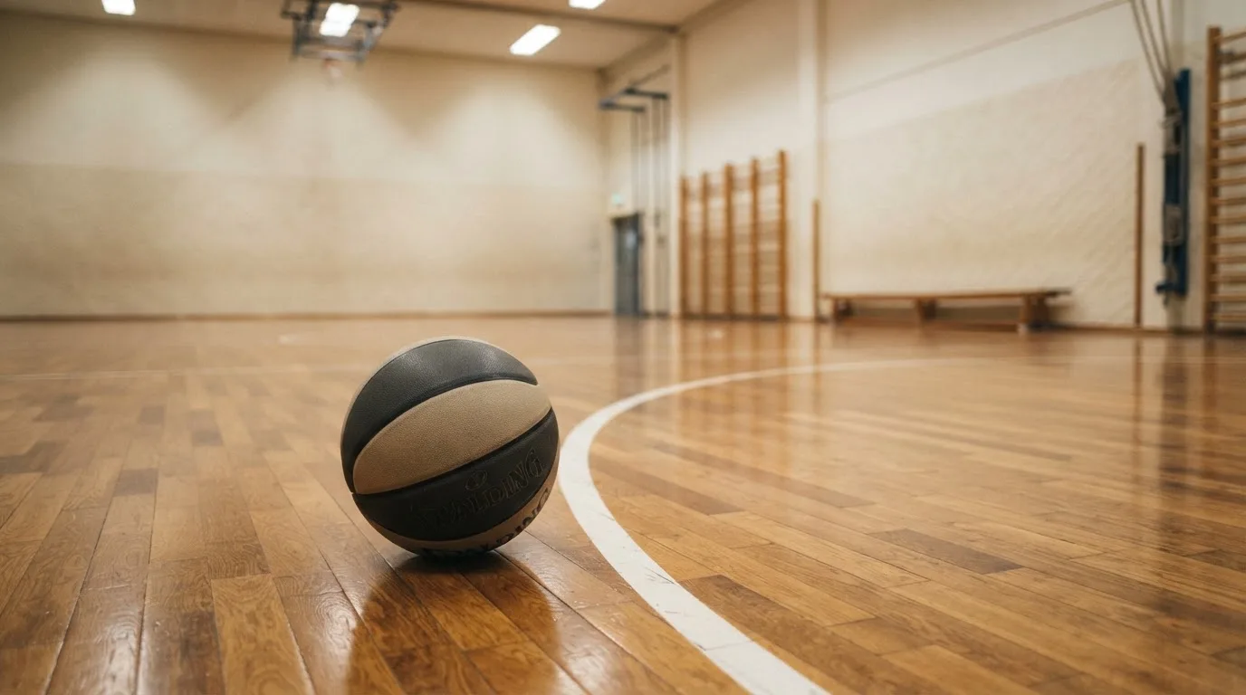 Ein Basketball liegt auf dem Parkett einer leeren Halle, von den Deckenlampen fällt gleichmässiges Licht auf den Boden.