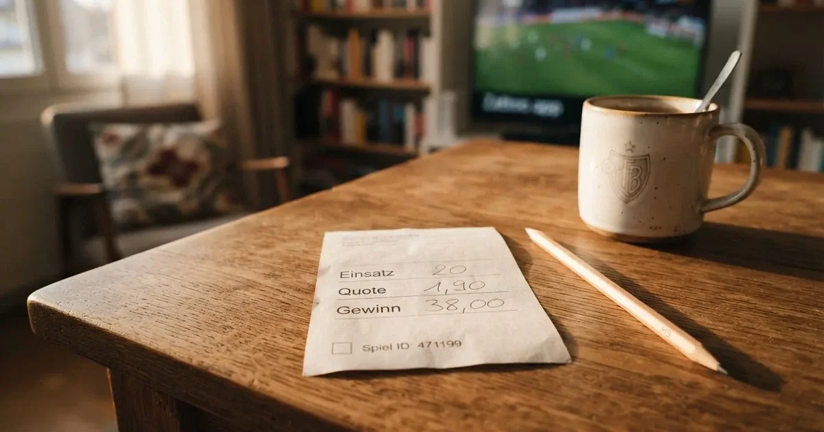 Ein leerer Wettschein aus Papier liegt auf einem Holztisch neben einem Bleistift und einem Kaffeebecher.