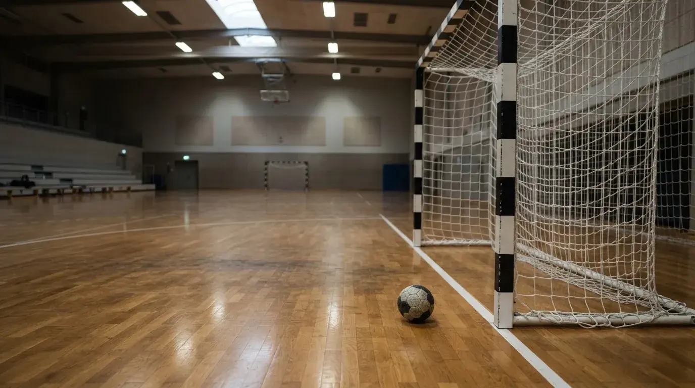 Ein Handballtor in einer leeren Sporthalle, der Ball liegt im Torraum und das Hallenlicht spiegelt sich im Parkett.