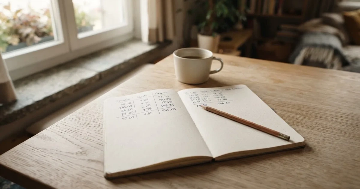 Ein Taschenrechner und ein Bleistift liegen auf kariertem Papier neben einer Tasse Kaffee, ein Fensterplatz mit Tageslicht.