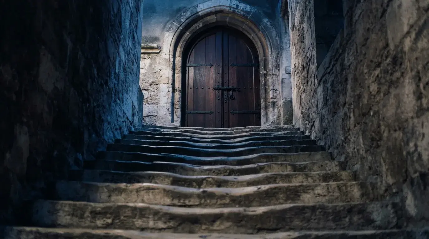 Eine breite Steintreppe führt zu einem hohen Portal aus dunklem Holz, das Licht der Dämmerung liegt auf den Stufen.