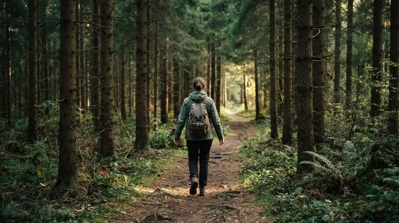Eine Person von hinten auf einem Waldweg, die langsam zwischen hohen Tannen geht.