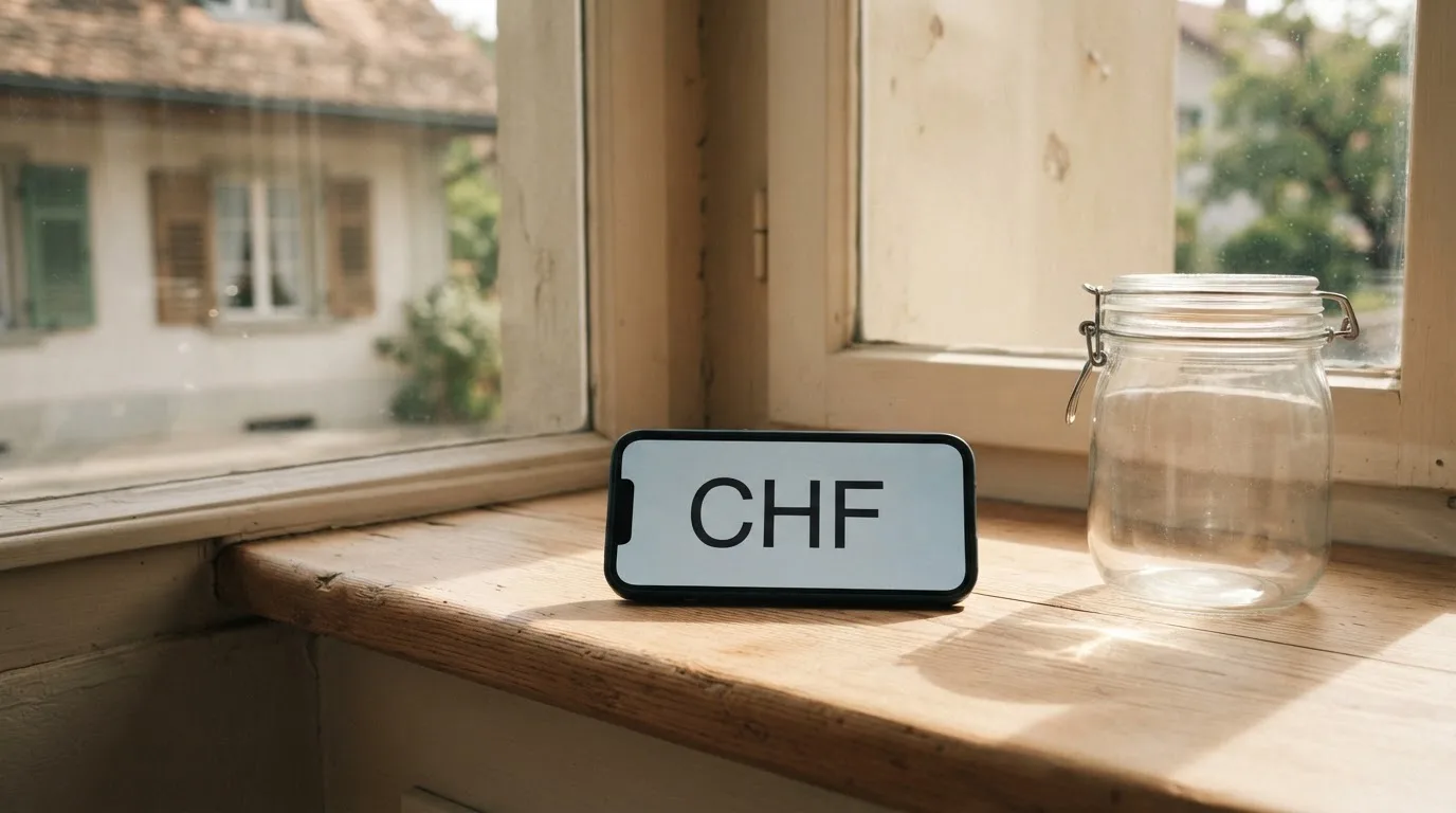 Ein Sparglas mit Münzen steht auf einer sonnigen Fensterbank in einer Küche.