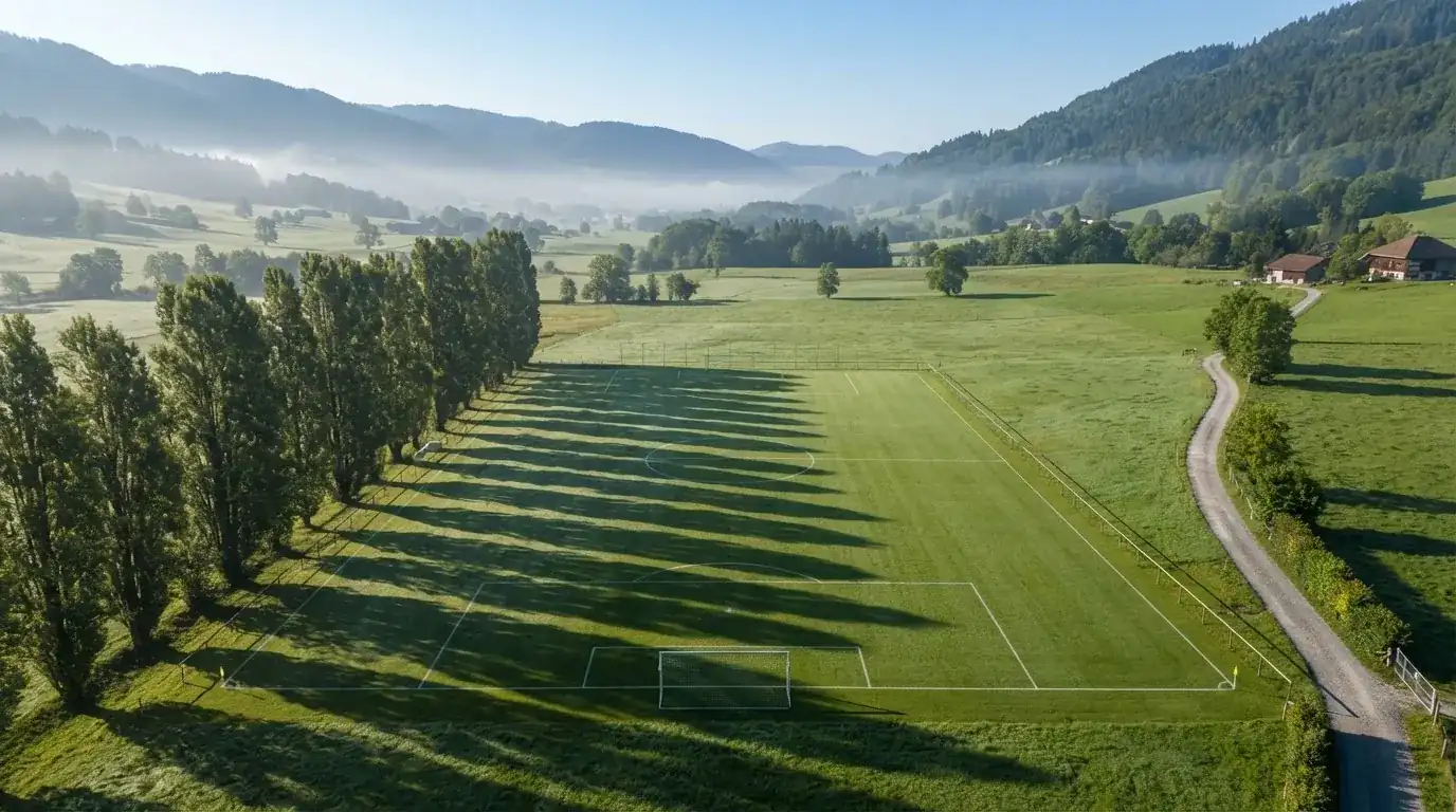 Ein leerer Fussballplatz mit weissen Linien von oben gesehen im Morgenlicht, am Rand stehen zwei Tore und eine Reihe Pappeln.