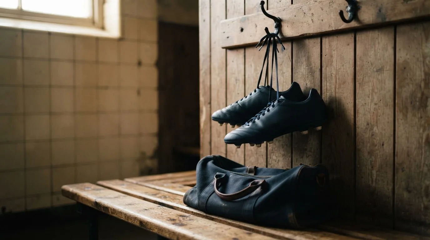 Ein Paar Fussballschuhe hängt an einem Haken in einer ruhigen Umkleide, darunter steht eine Sporttasche auf einer Holzbank.