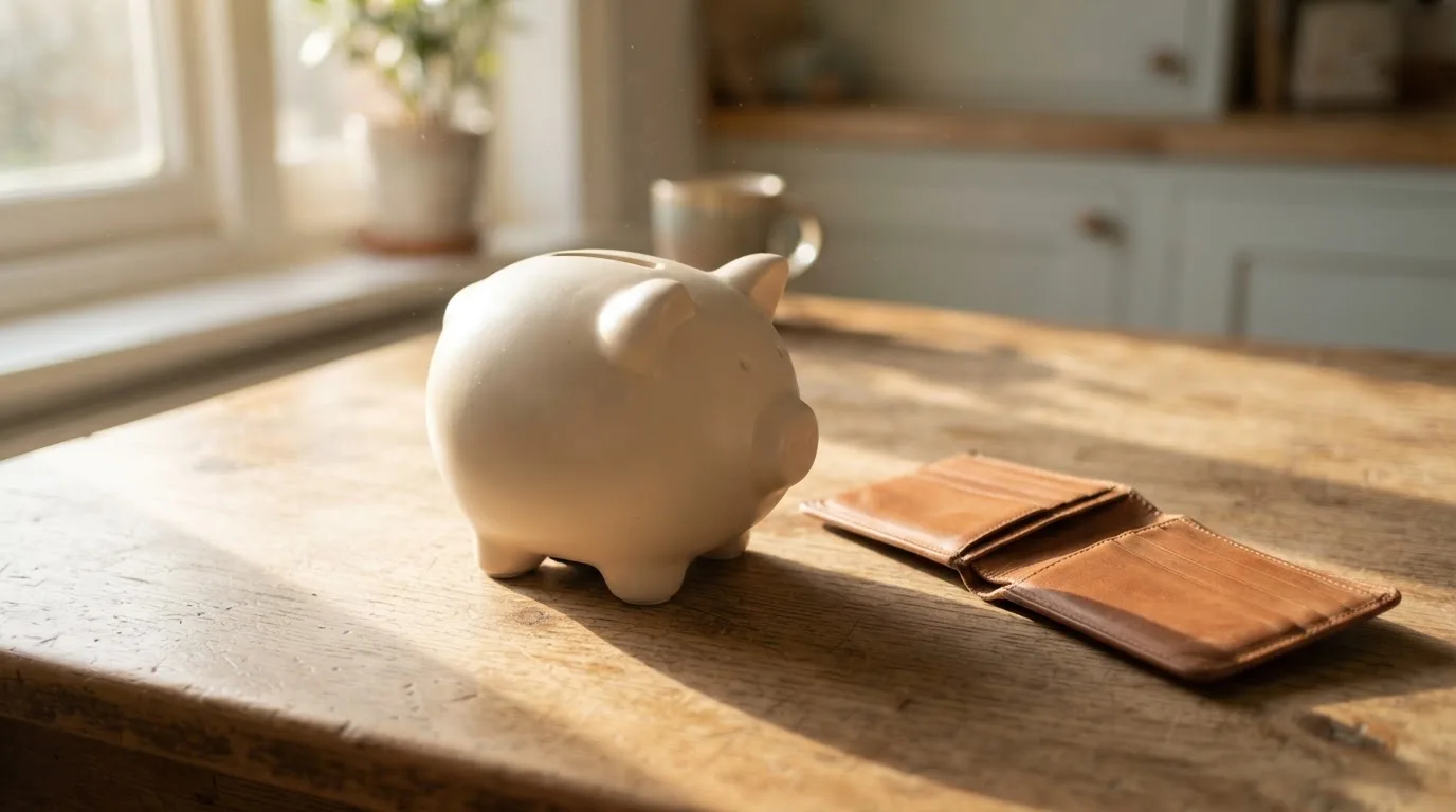 Ein Sparschwein aus Keramik steht auf einem Küchentisch neben einer leeren Geldbörse im Licht des Morgens.