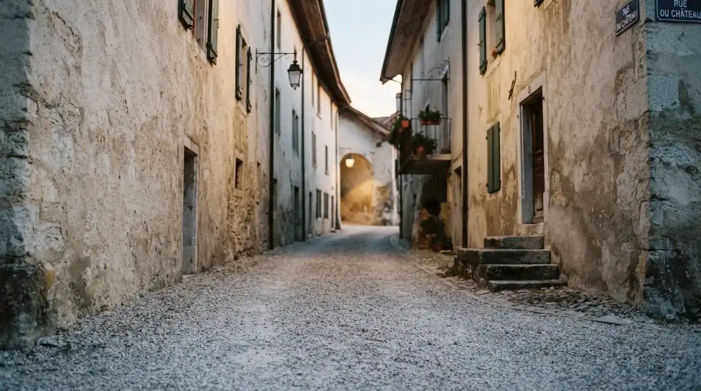 Ein schmaler Kiesweg führt zwischen zwei hellen Mauern durch eine Schweizer Altstadt, die Laternen sind noch nicht angezündet.