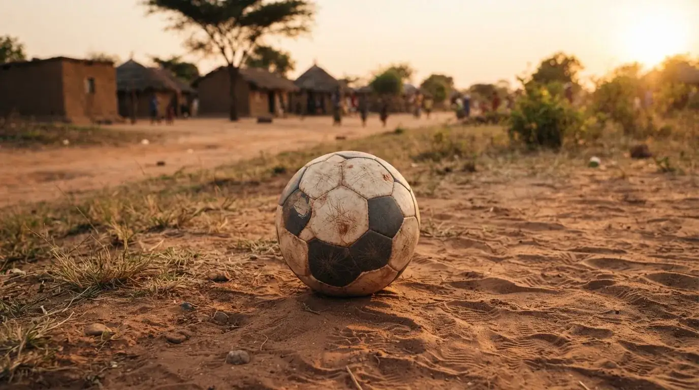 Ein Fussball liegt auf rotbraunem Sand am Rand eines Dorfes, die Abendsonne wirft lange Schatten.