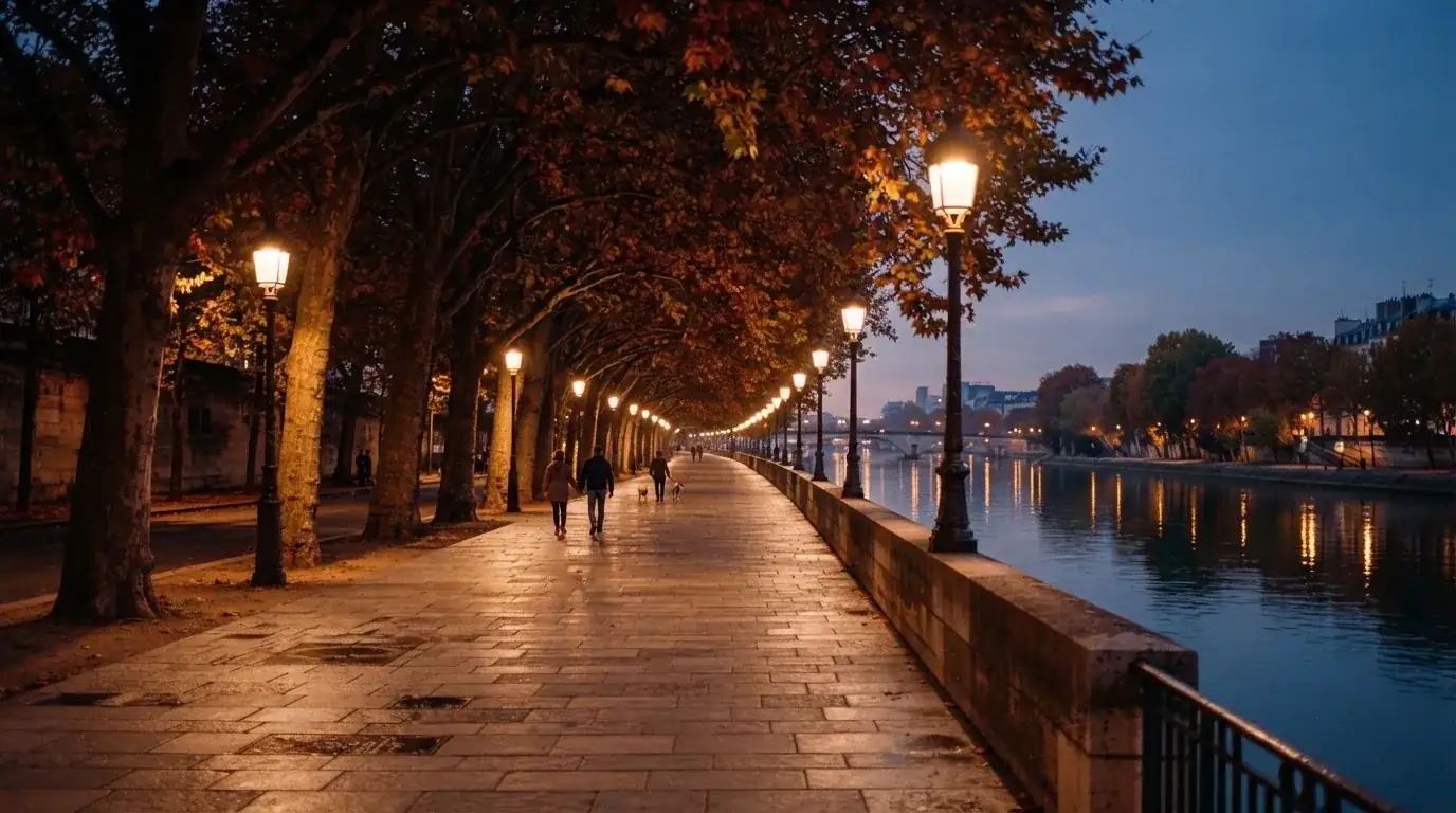 Eine Rheinpromenade mit hohen Bäumen am Abend, das Wasser spiegelt das Licht der ersten Laternen.