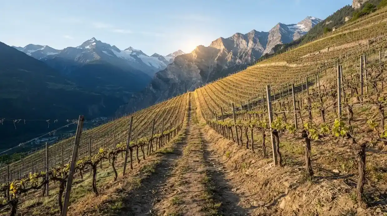 Ein Feldweg zwischen Weinreben im Wallis bei Sonnenaufgang, im Hintergrund hohe Berge und klare Luft.