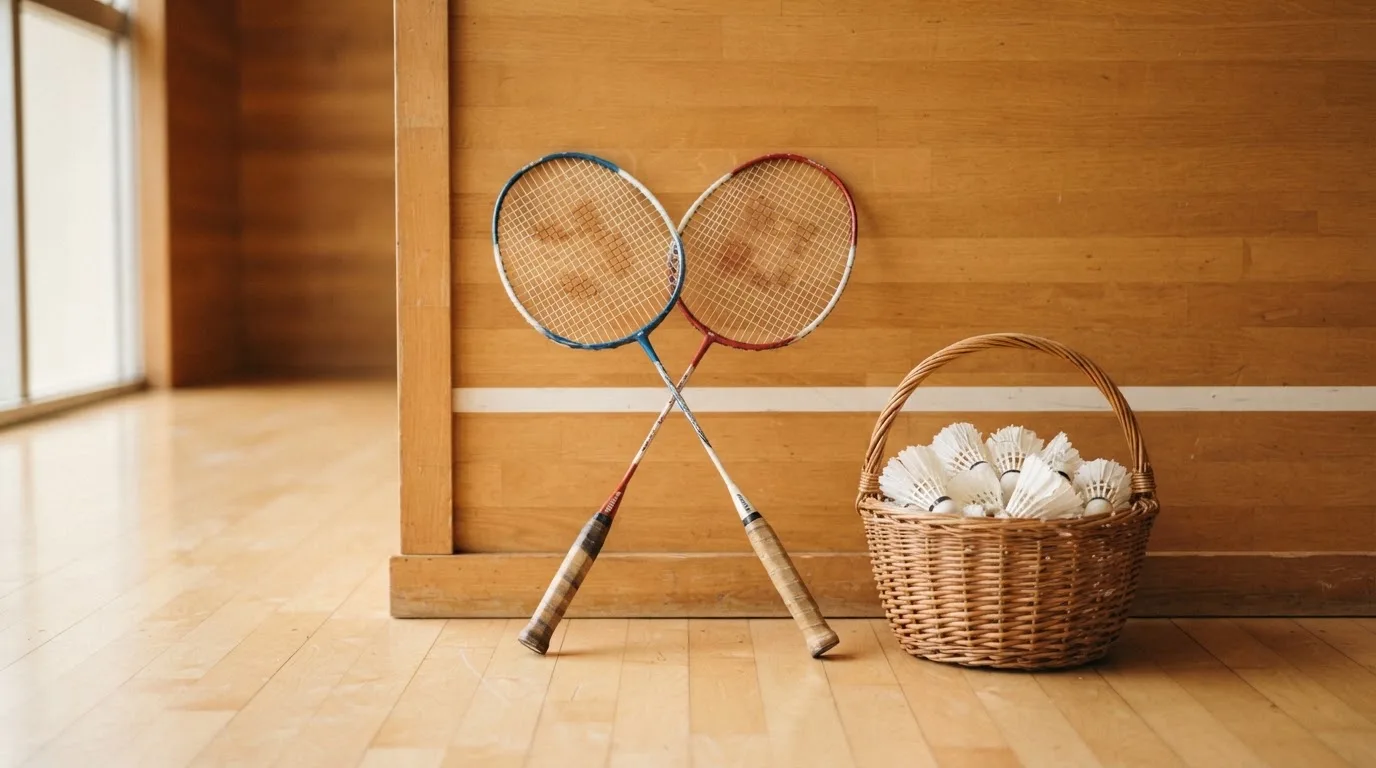 Zwei Badmintonschläger lehnen gekreuzt an einer Hallenwand aus Holz, daneben steht ein Korb mit Federbällen.