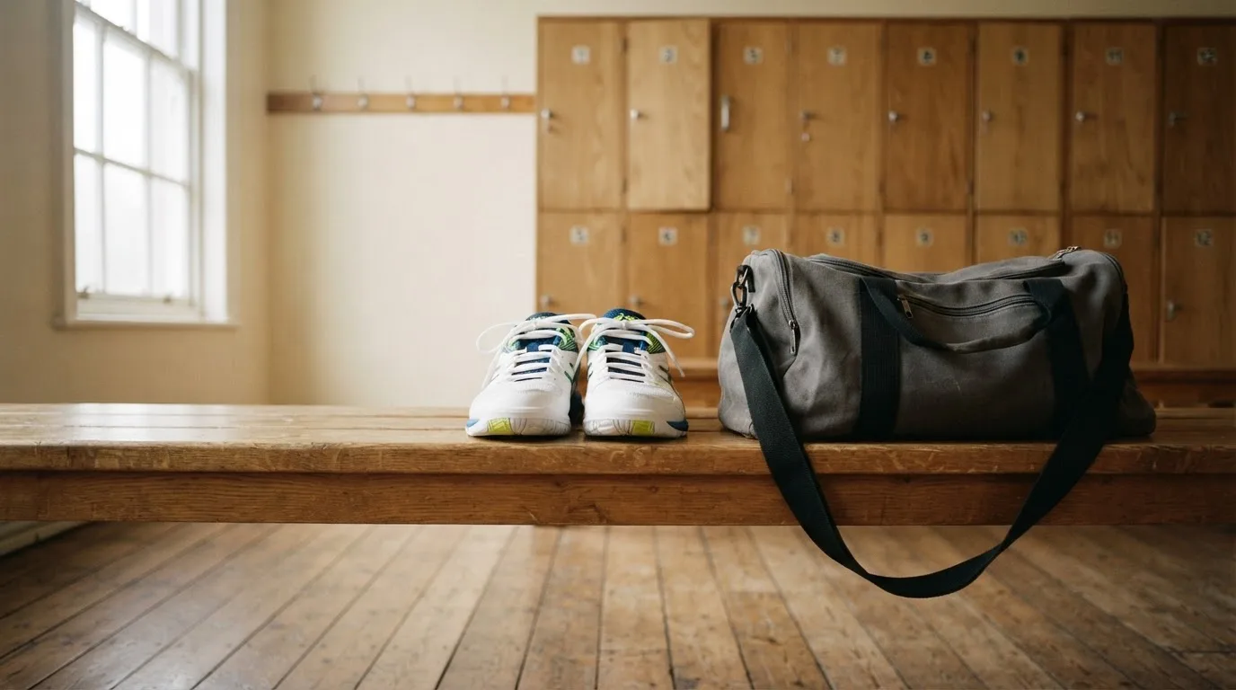 Ein Paar Hallenschuhe steht ordentlich neben einer Sporttasche auf einer Bank in einer leeren Garderobe, ein Fenster lässt Morgenlicht herein.
