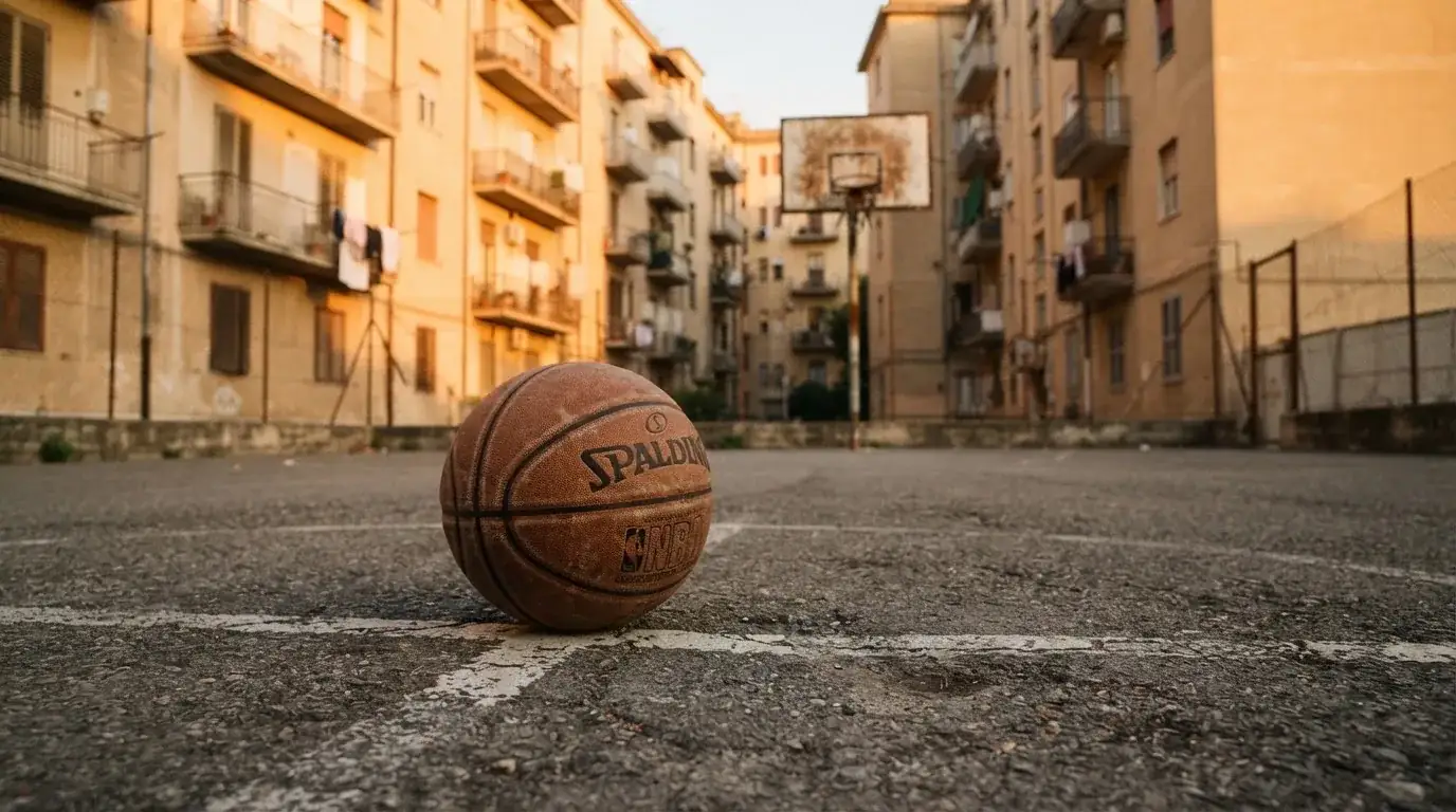 Ein Basketball liegt auf einem Asphaltplatz in einem Hinterhof zwischen Wohnblöcken, das Abendlicht färbt die Wände warm.