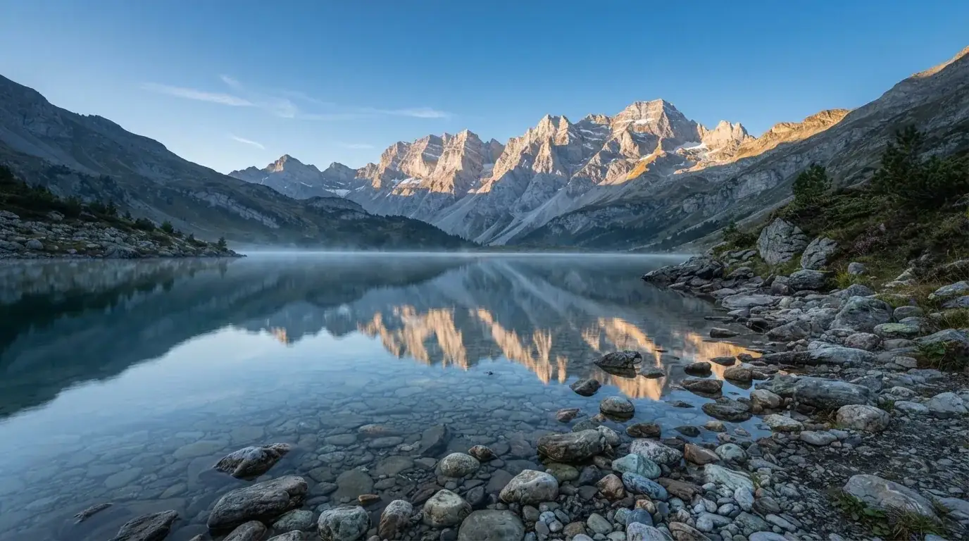 Ein Bergsee mit ruhigem Wasser und Gipfeln im Morgenlicht, am Ufer liegen glatte Steine.