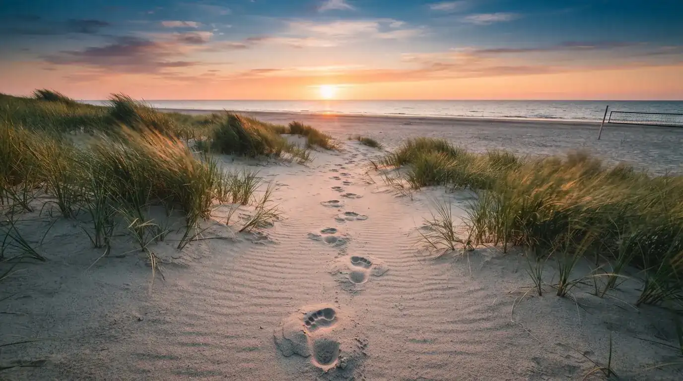 Spuren im Sand führen durch Dünengras auf den Horizont zu, die Sonne steht tief und färbt den Himmel orange.