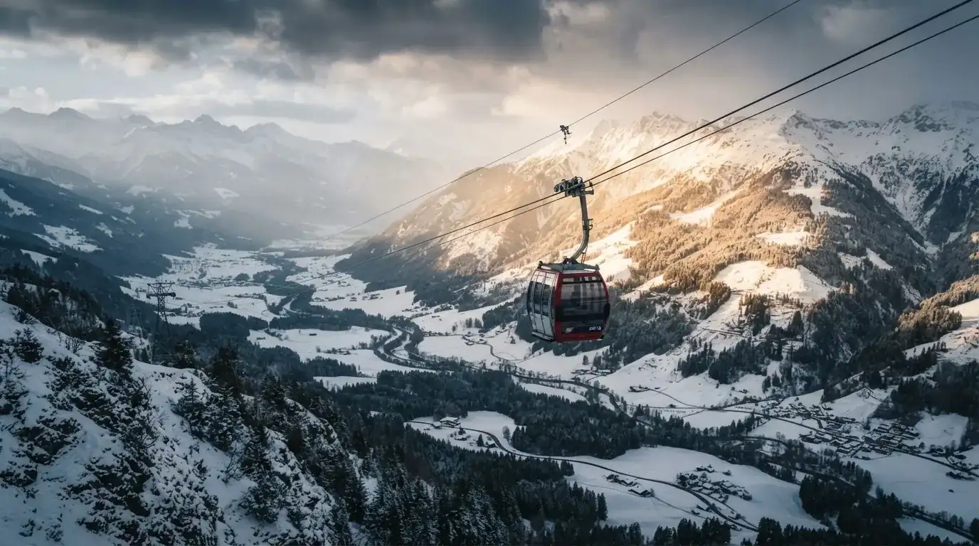 Eine Seilbahnkabine schwebt über einem verschneiten Tal, die Sonne bricht durch die Wolken und beleuchtet die Hänge.