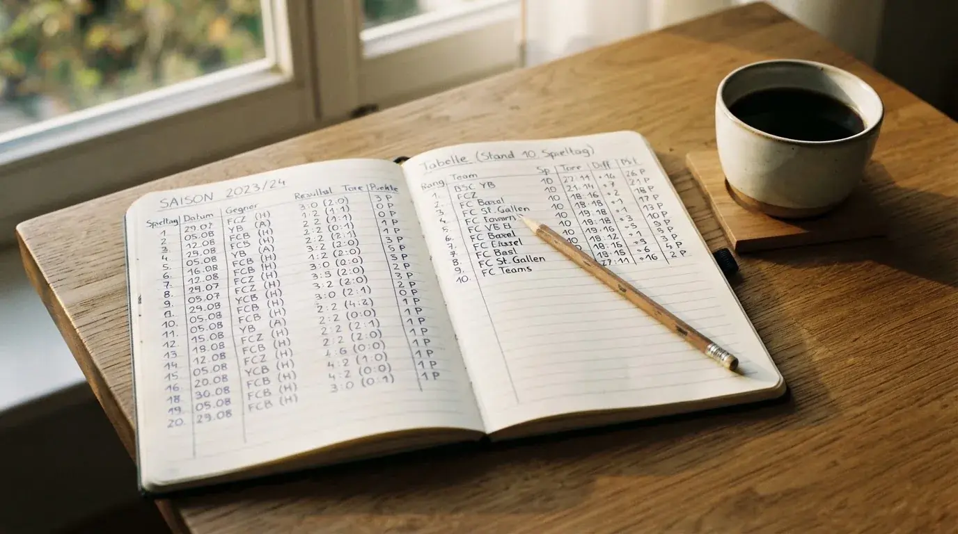 Ein aufgeschlagenes Notizbuch mit handgeschriebenen Spalten und ein Bleistift neben einer Tasse Kaffee auf einem Holztisch am Morgen