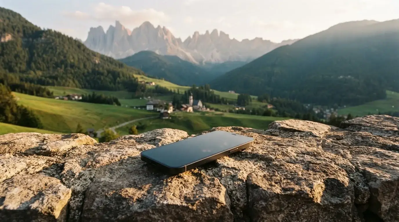 Ein Smartphone mit dunklem Display liegt auf einer Steinmauer, dahinter ein Alpental im Abendlicht