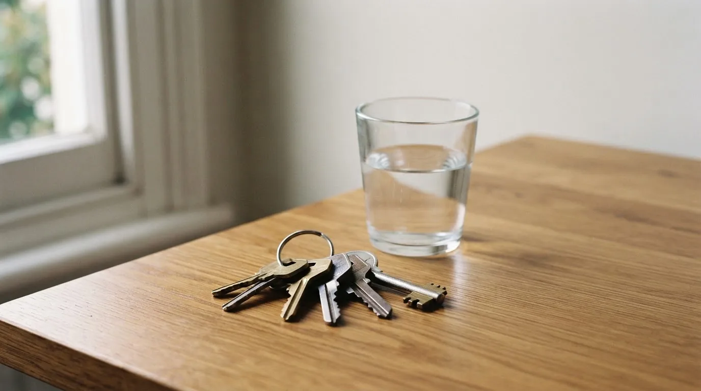 Ein Schlüsselbund und ein Glas Wasser stehen auf einem Holztisch im Licht eines Fensters