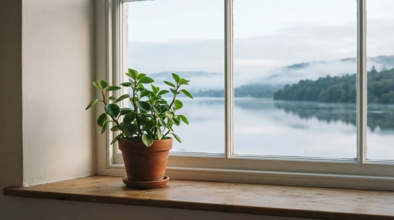 Eine Topfpflanze auf einem Fensterbrett mit weitem Blick über einen stillen See am Morgen