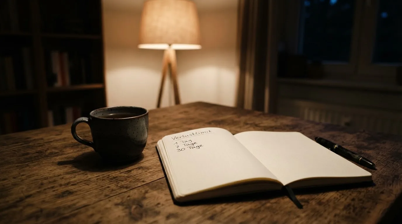Ein Notizbuch mit handschriftlichen Einträgen und eine Tasse Tee stehen auf einem Tisch neben einer Stehlampe