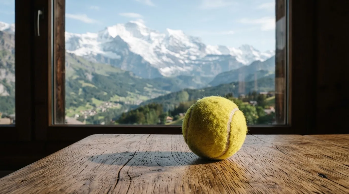 Ein einzelner gelber Tennisball liegt auf einem Holztisch vor einem Fenster mit Alpenblick