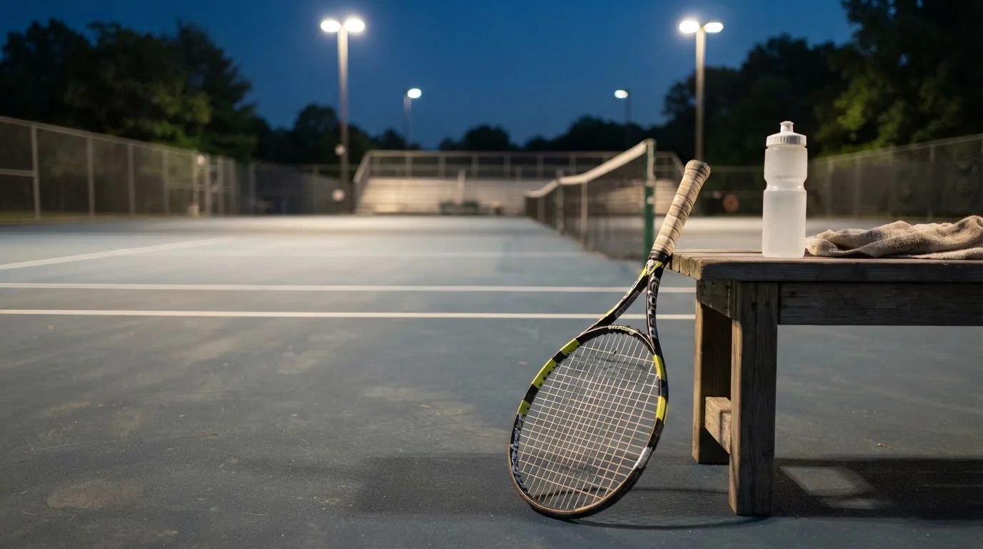 Ein Tennisschläger lehnt an einer Bank neben einer Wasserflasche, am Abend ruht der Platz im Flutlicht, aus der Ferne gesehen