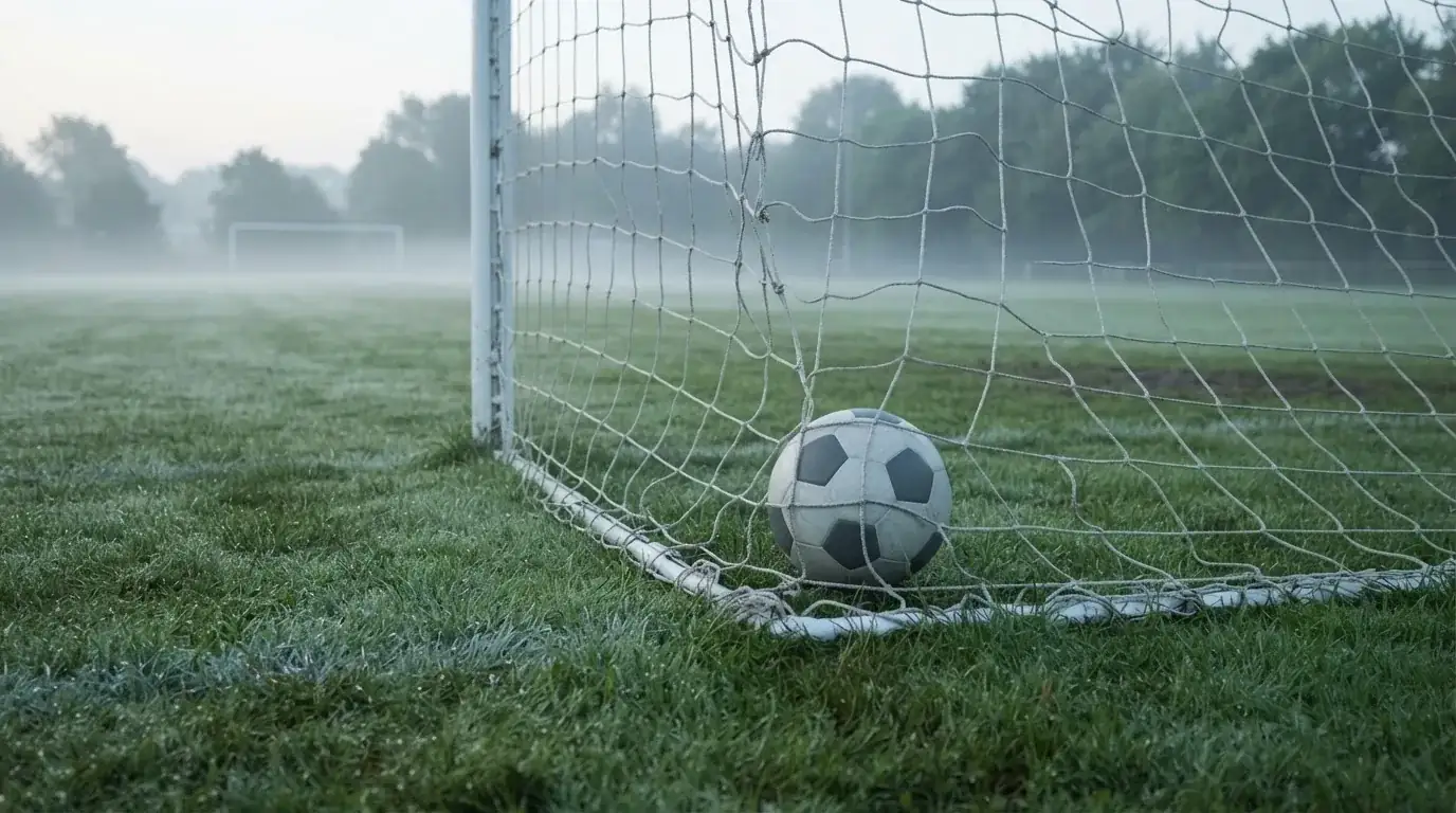 Ein Fussball liegt im Netz hinter einem Tor, weicher Morgennebel hängt über dem Rasen