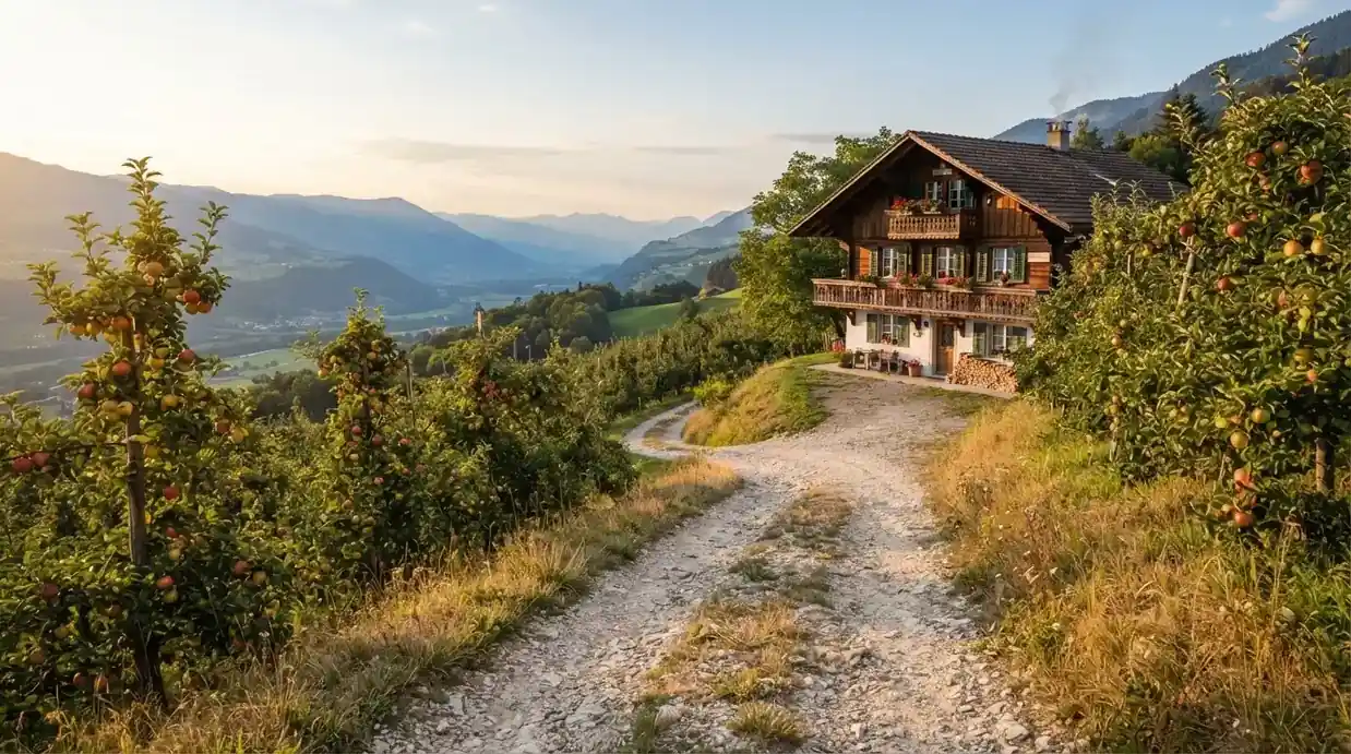 Ein Kiesweg führt durch einen Obstgarten zu einem Bauernhaus mit Holzbalkon, über dem Tal liegt Abendlicht