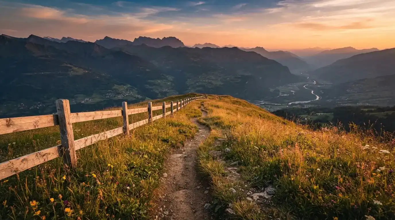 Ein Wanderweg führt durch eine Almwiese im Sonnenuntergang, am Wegrand steht ein Holzzaun