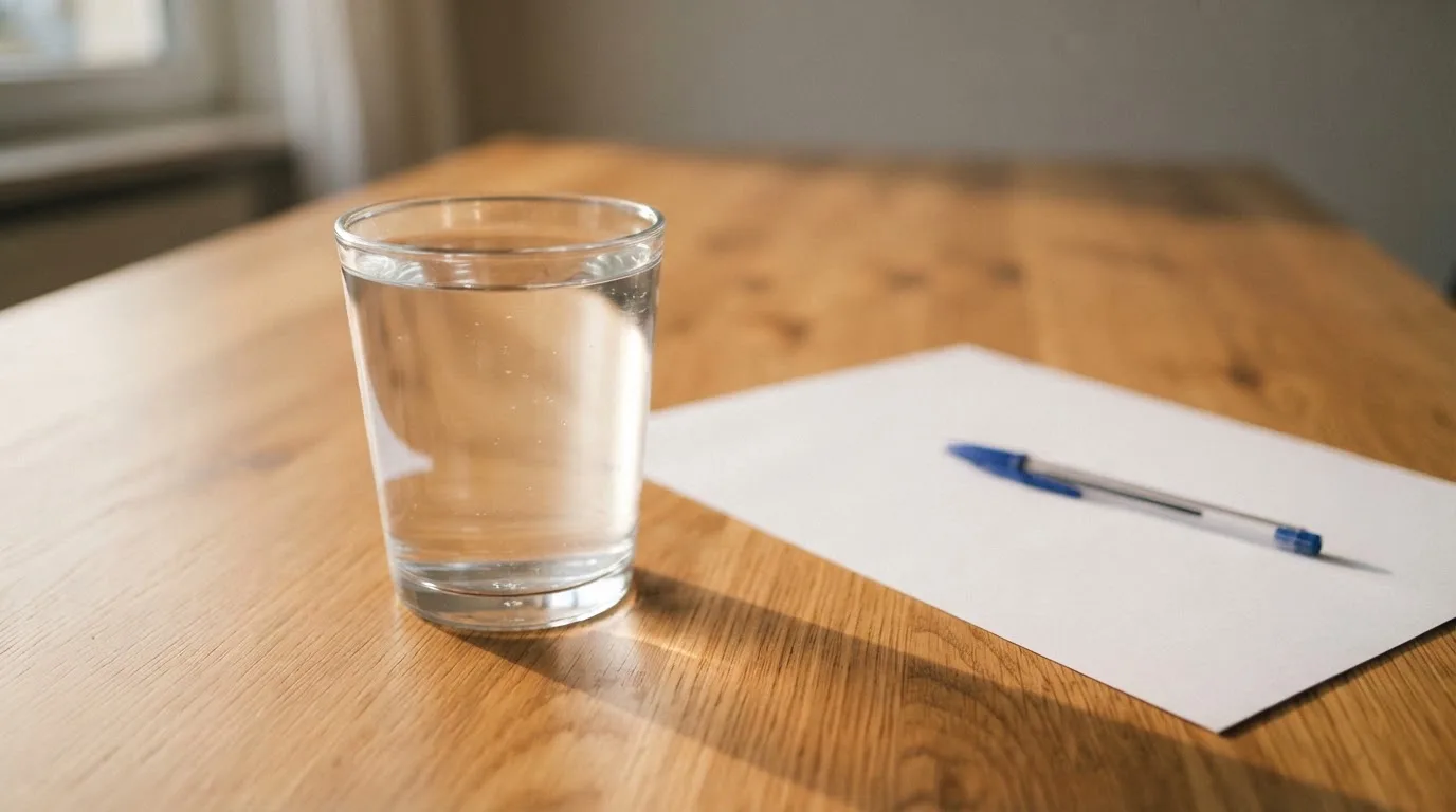 Ein Glas steht bis zum Rand gefüllt auf einem Holztisch, daneben ein Kugelschreiber und ein leeres Blatt Papier im Seitenlicht.
