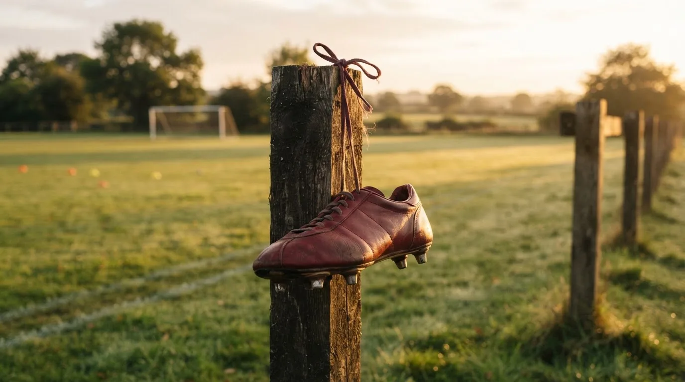 Ein Fussballschuh hängt an den Schnürsenkeln an einem Zaunpfosten neben einem Trainingsplatz im Abendlicht.