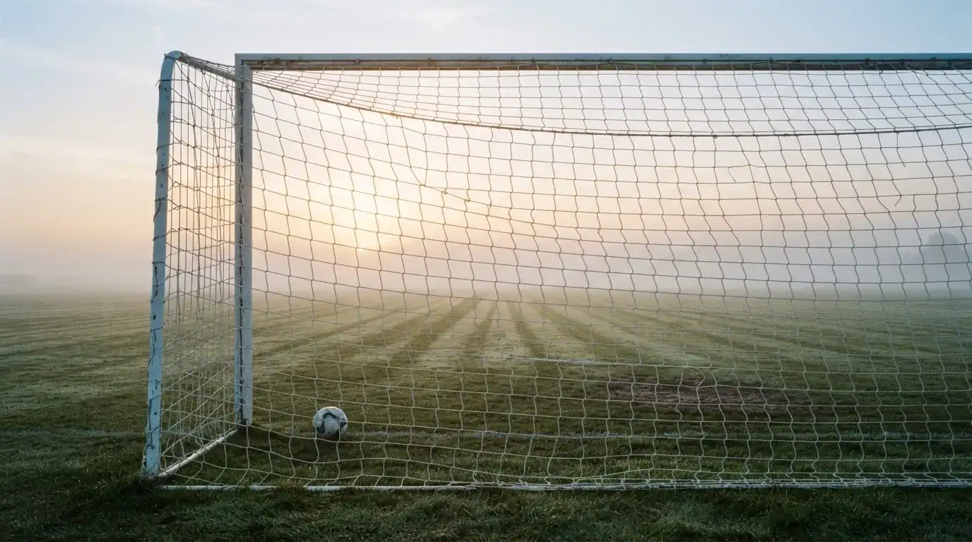 Ein Torpfosten mit Netz steht im Gegenlicht auf einem leeren Fussballplatz, über dem Rasen liegt Nebel.